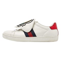 Used Gucci White Leather Embellished Pineapple Strap Ace Sneakers Size 35