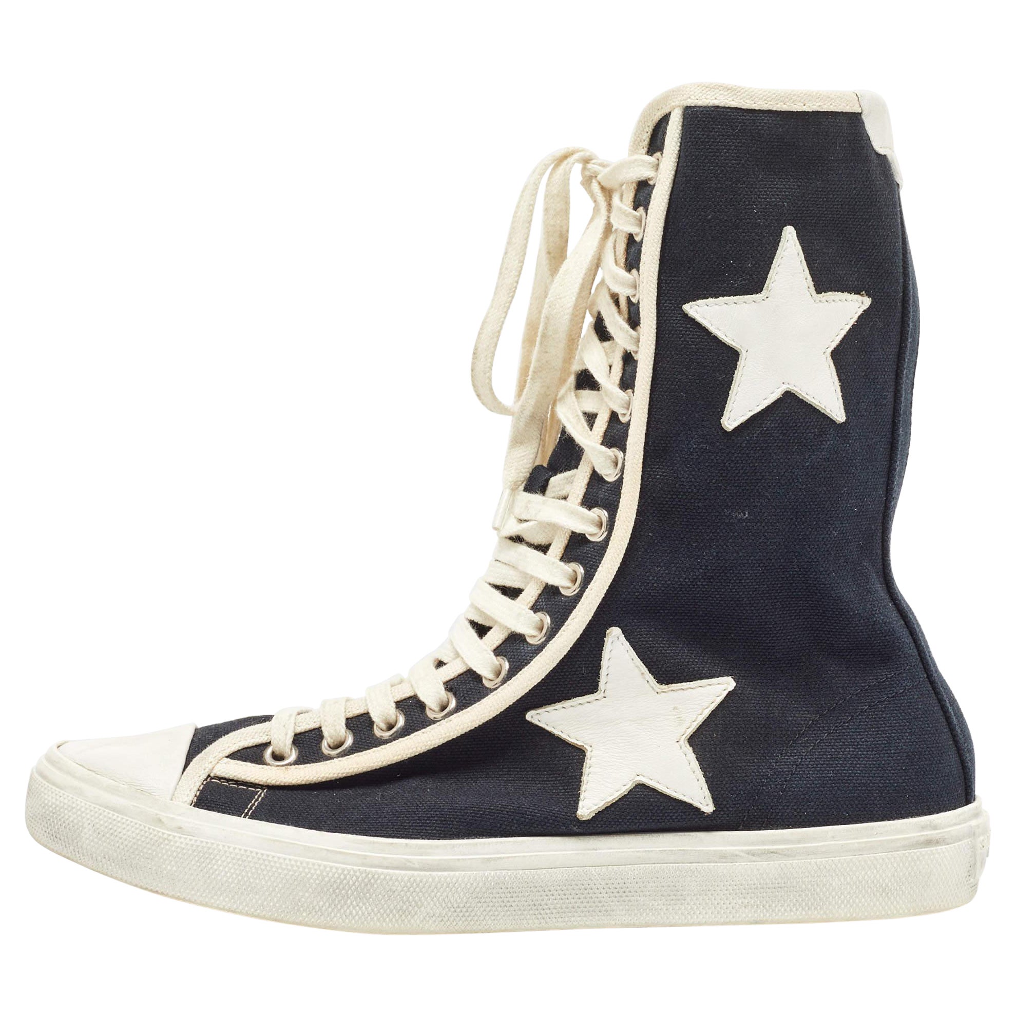 Saint Laurent Black/White Canvas and Leather Star Applique High Top Sneakers  For Sale