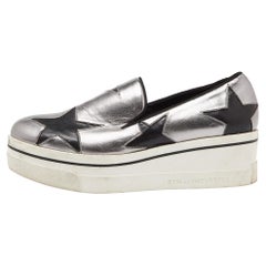 Stella McCartney Silver/Black Faux Leather Binx Star Slip On Sneakers Size 37