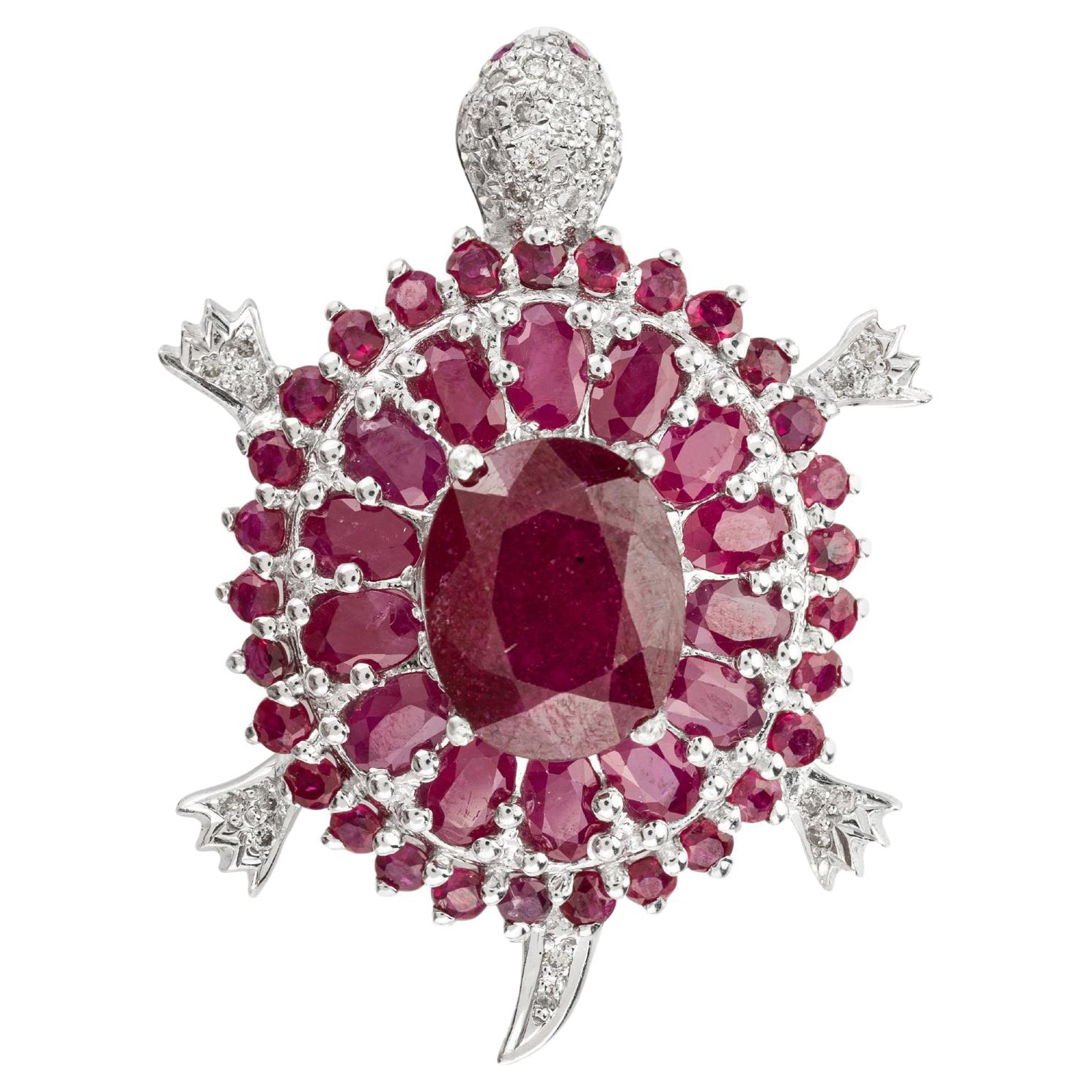 10.75 Carat Genuine Ruby Birthstone and Diamond Turtle Pendant in 925 Silver  For Sale