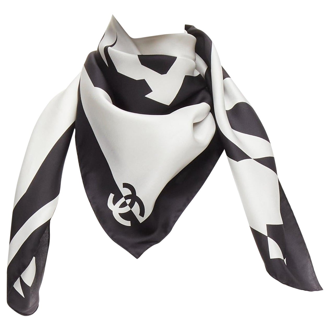 CHANEL 100% silk black white bold CC logo abstract graphic big square scarf For Sale