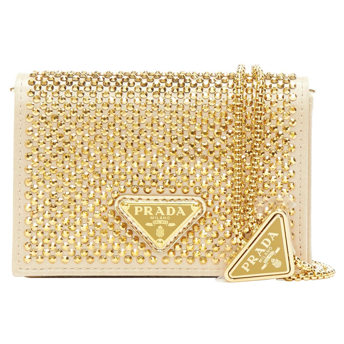 PRADA 2023 gold crystal triangle logo lanyard micro crossbody cardholder bag For Sale