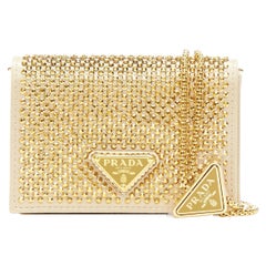 Used PRADA 2023 gold crystal triangle logo lanyard micro crossbody cardholder bag