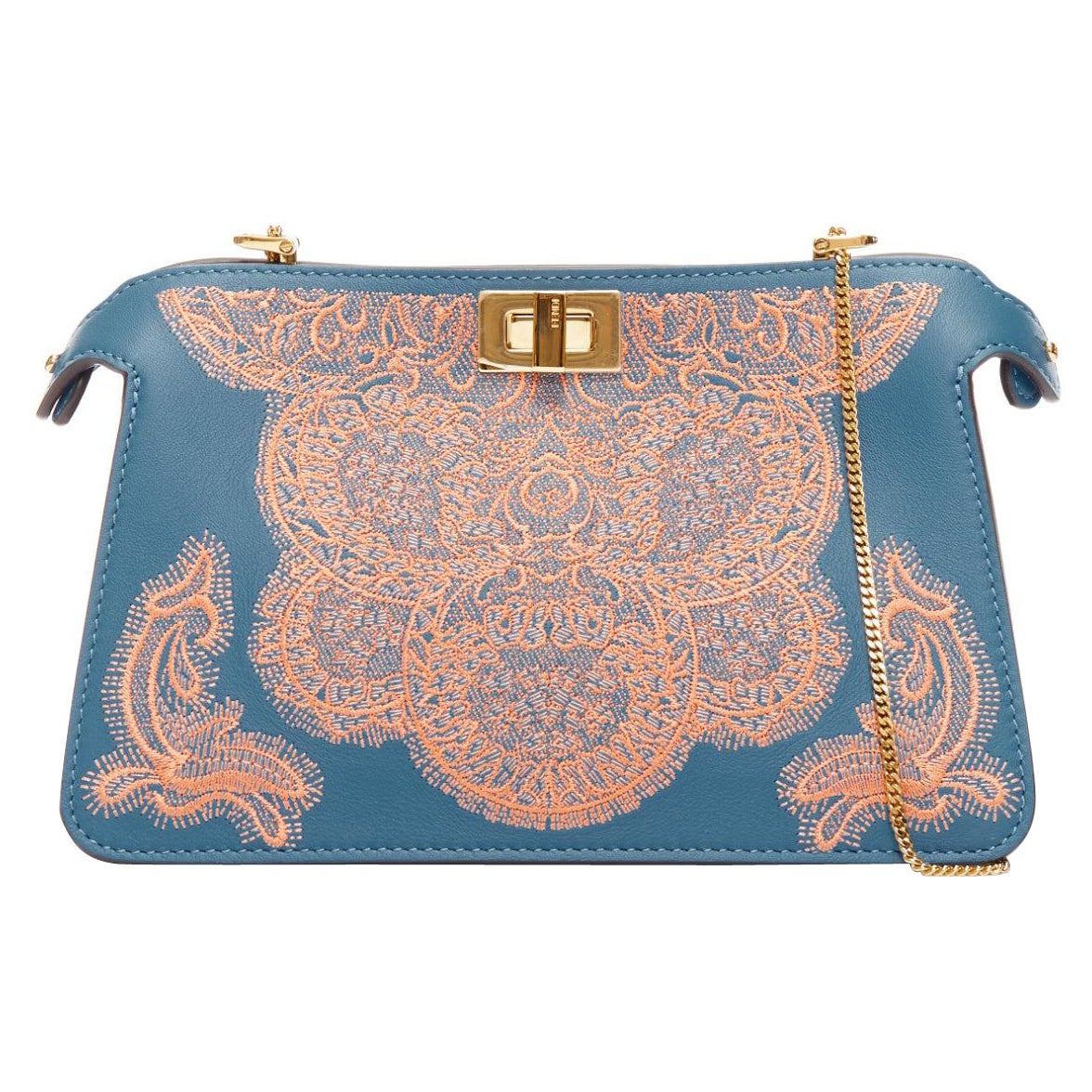 FENDI Peekaboo pink lace applique blue leather gold buckle crossbody bag For Sale
