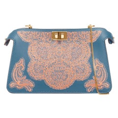 Used FENDI Peekaboo pink lace applique blue leather gold buckle crossbody bag