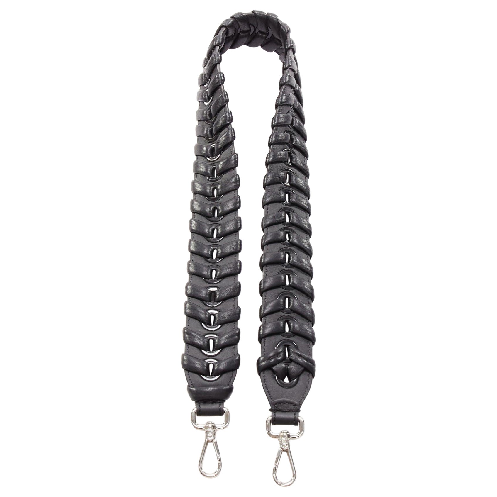 FENDI black woven leather silver hardware long bag strap 45mm For Sale