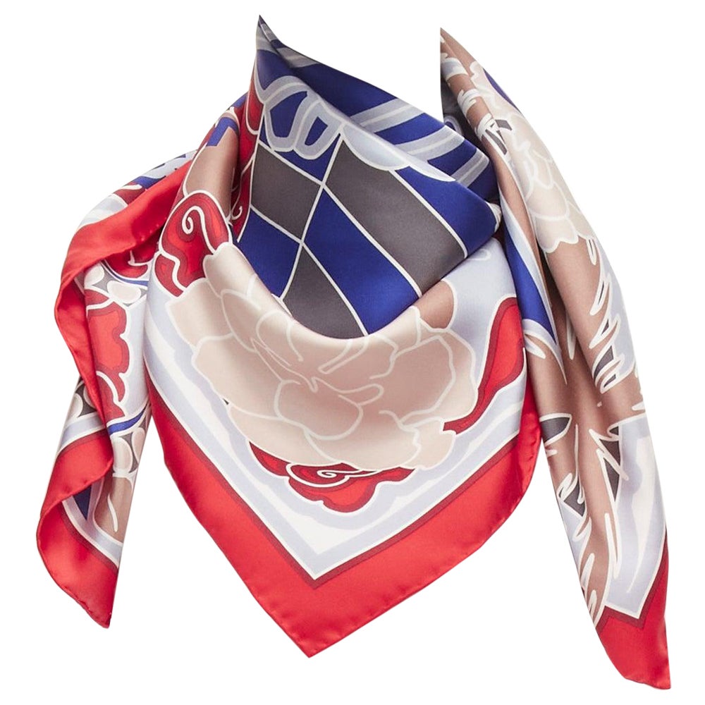 CHANEL 100% silk red blue lion statue palm trees big square scarf For Sale