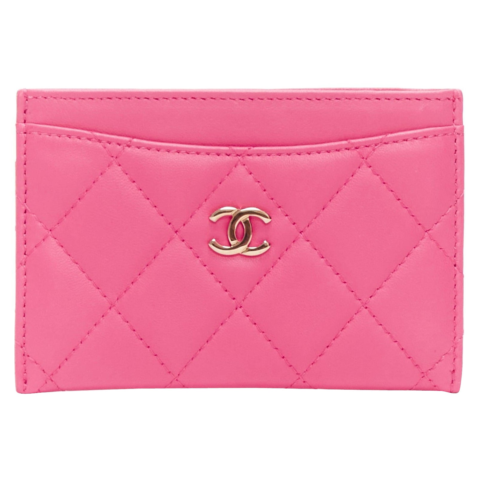 CHANEL bright pink smooth leather CC logo quilted cardholder For Sale