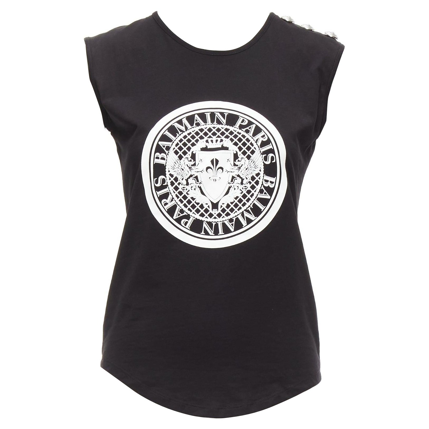 BALMAIN black cotton crest logo silver button shoulder tank top vest FR34 XS For Sale