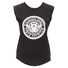 BALMAIN black cotton crest logo silver button shoulder tank top vest FR34 XS