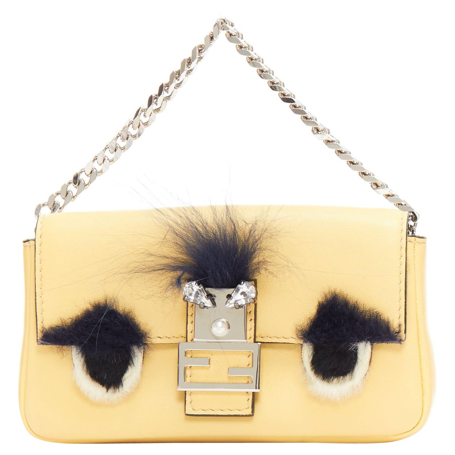 FENDI Micro Baguette butter yellow black fur eye leather top handle bag For Sale