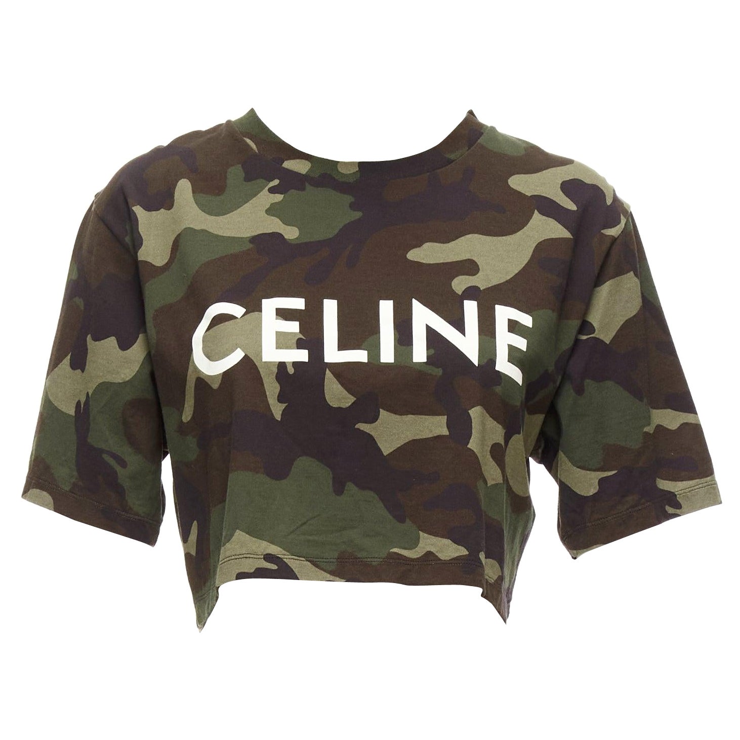 CELINE green camouflage cotton big white logo cropped tshirt top XS For Sale