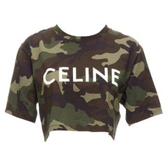 CELINE green camouflage cotton big white logo cropped tshirt top XS