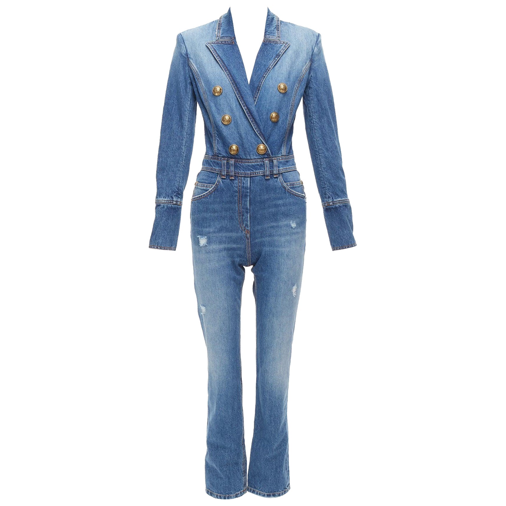 BALMAIN blue washed distressed denim gold double breasted jumpsuit FR34 XS For Sale