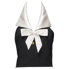 SAINT LAURENT 2022 Runway cream silk halter collar bow black cropped top FR38 M