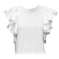 ALEXANDER MCQUEEN top de algodón blanco con mangas de volantes y cuello redondo IT38 XS