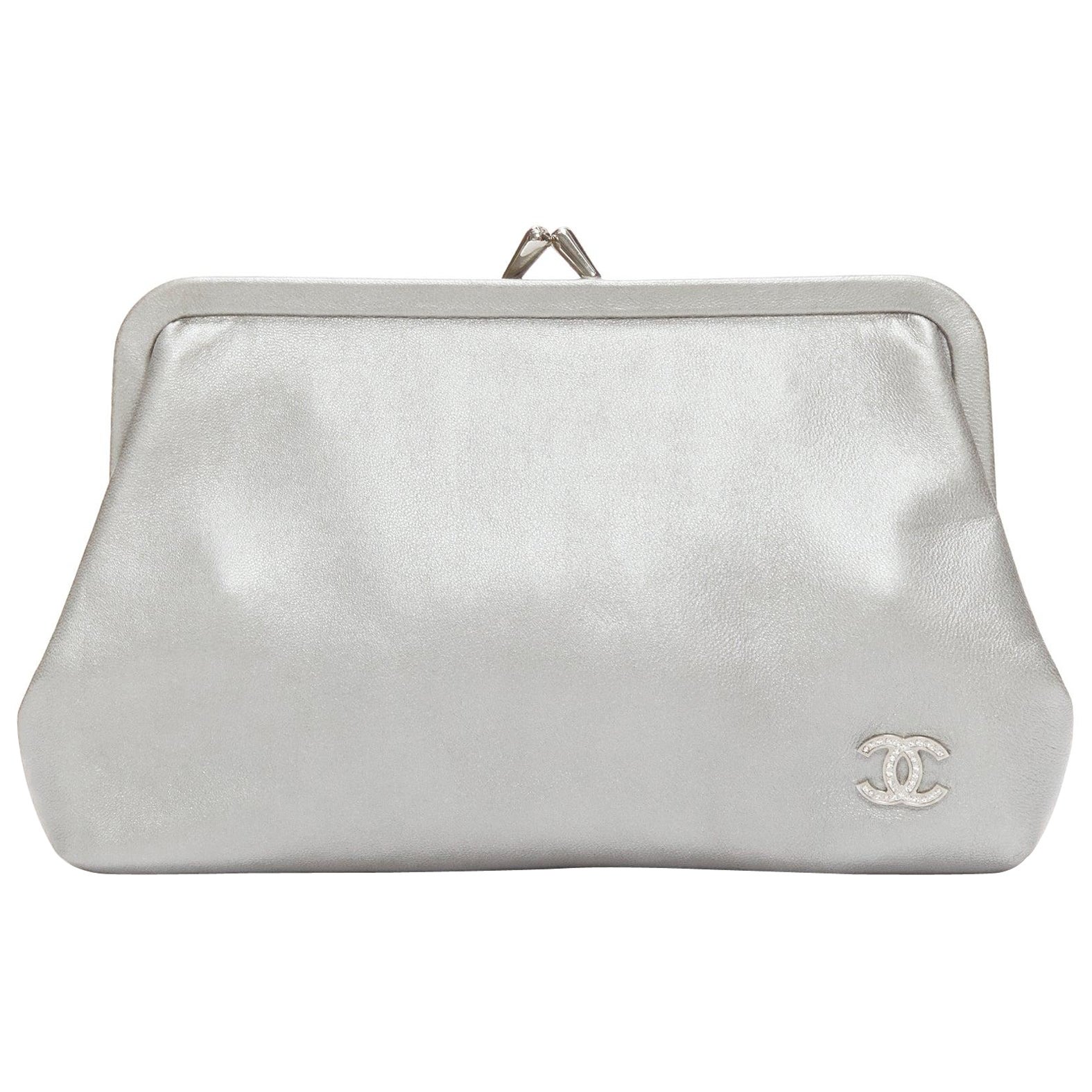 CHANEL grey smooth leather CC crystal logo silver kisslock small pouch