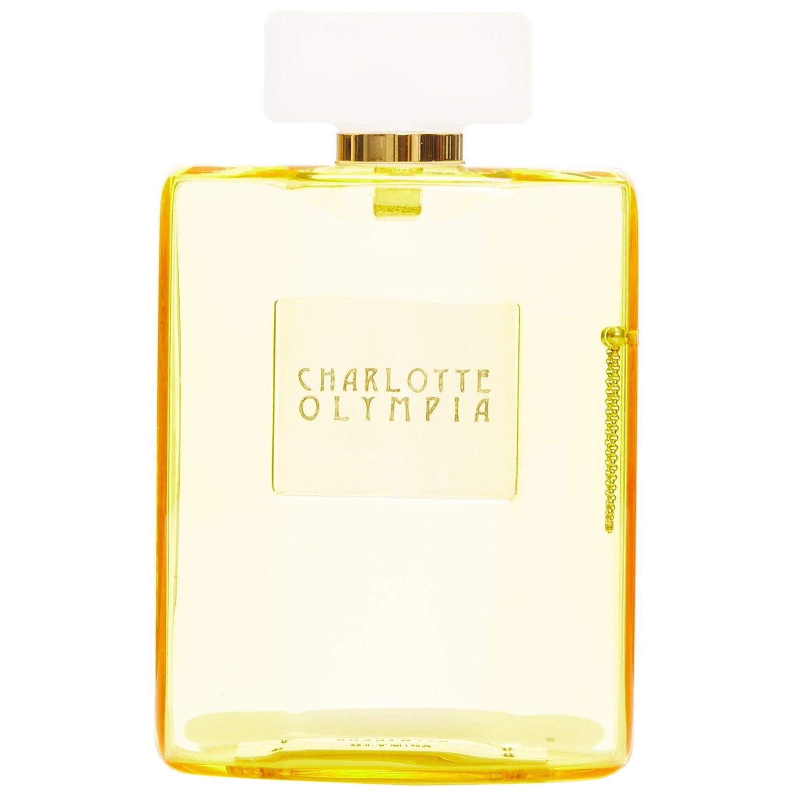 Seltene CHARLOTTE OLYMPIA gelbe Parfümflaschenschachtel-Clutch/Tasche mit Acryl-Logo im Angebot