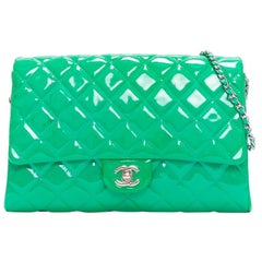 CHANEL green patent leather silver CC logo turnlock flap shoulder bag