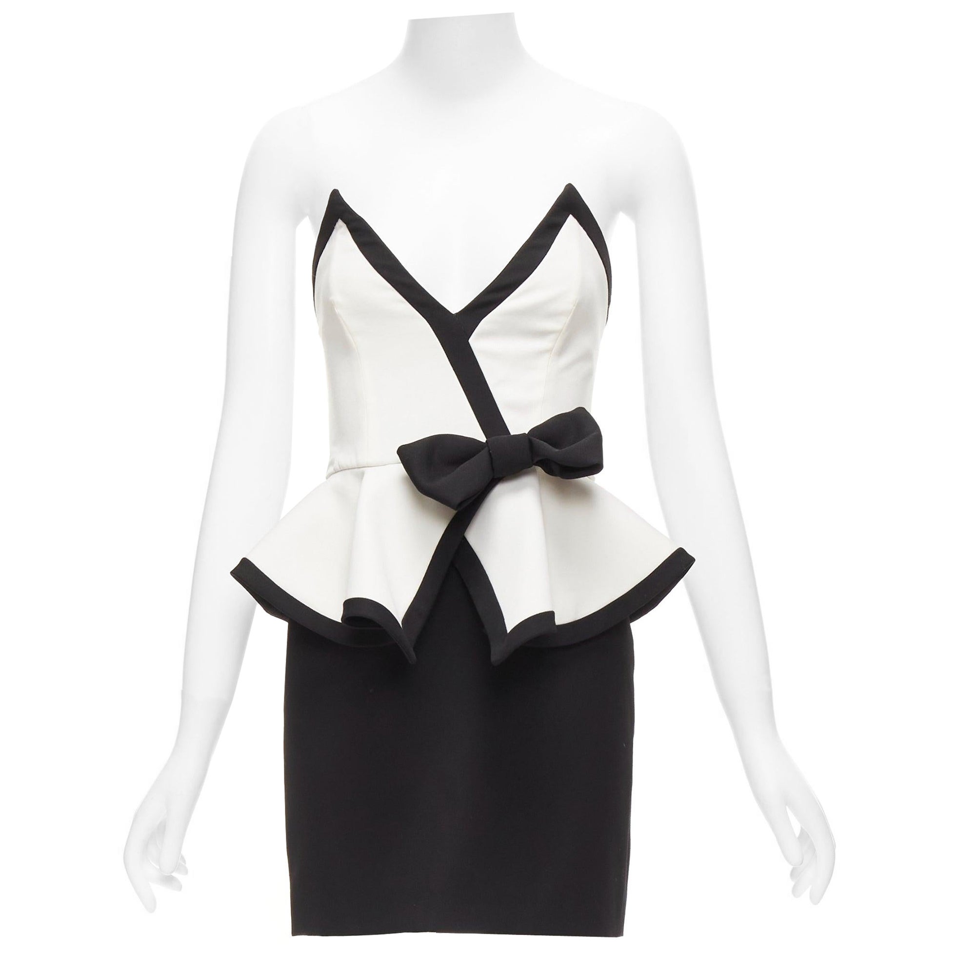 ALESSANDRA RICH black white graphic colorblocked peplum cocktail dress IT38 XS For Sale