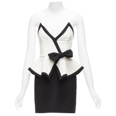 ALESSANDRA RICH black white graphic colorblocked peplum cocktail dress IT38 XS