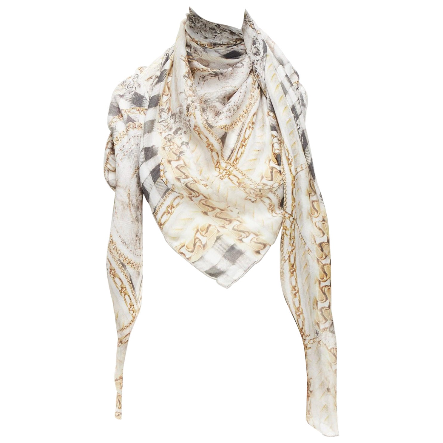 BALMAIN cream modal cashmere chain check tromp loeil print scarf For Sale