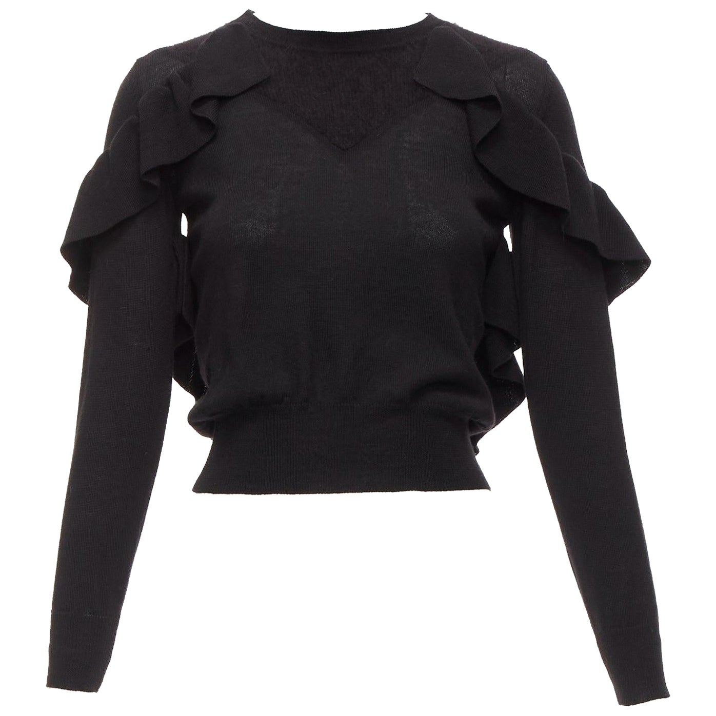 VIKTOR & ROLF black virgin wool silk cashmere sides ruffle cropped sweater XS For Sale