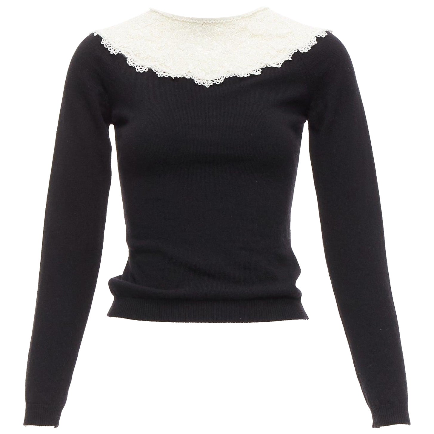 VALENTINO black cream beaded lace collar virgin wool cashmere crop sweater XS For Sale