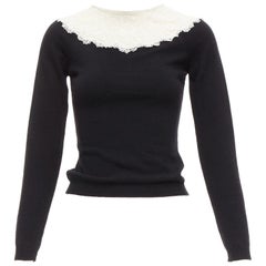 VALENTINO black cream beaded lace collar virgin wool cashmere crop sweater XS
