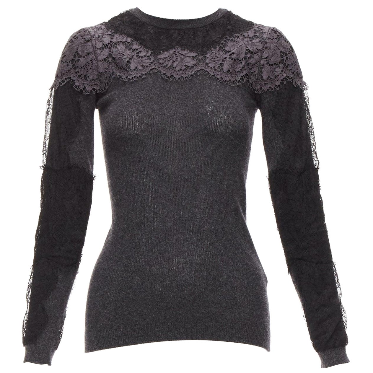 VALENTINO grey black lace virgin wool cashmere crew neck sweater XS For Sale