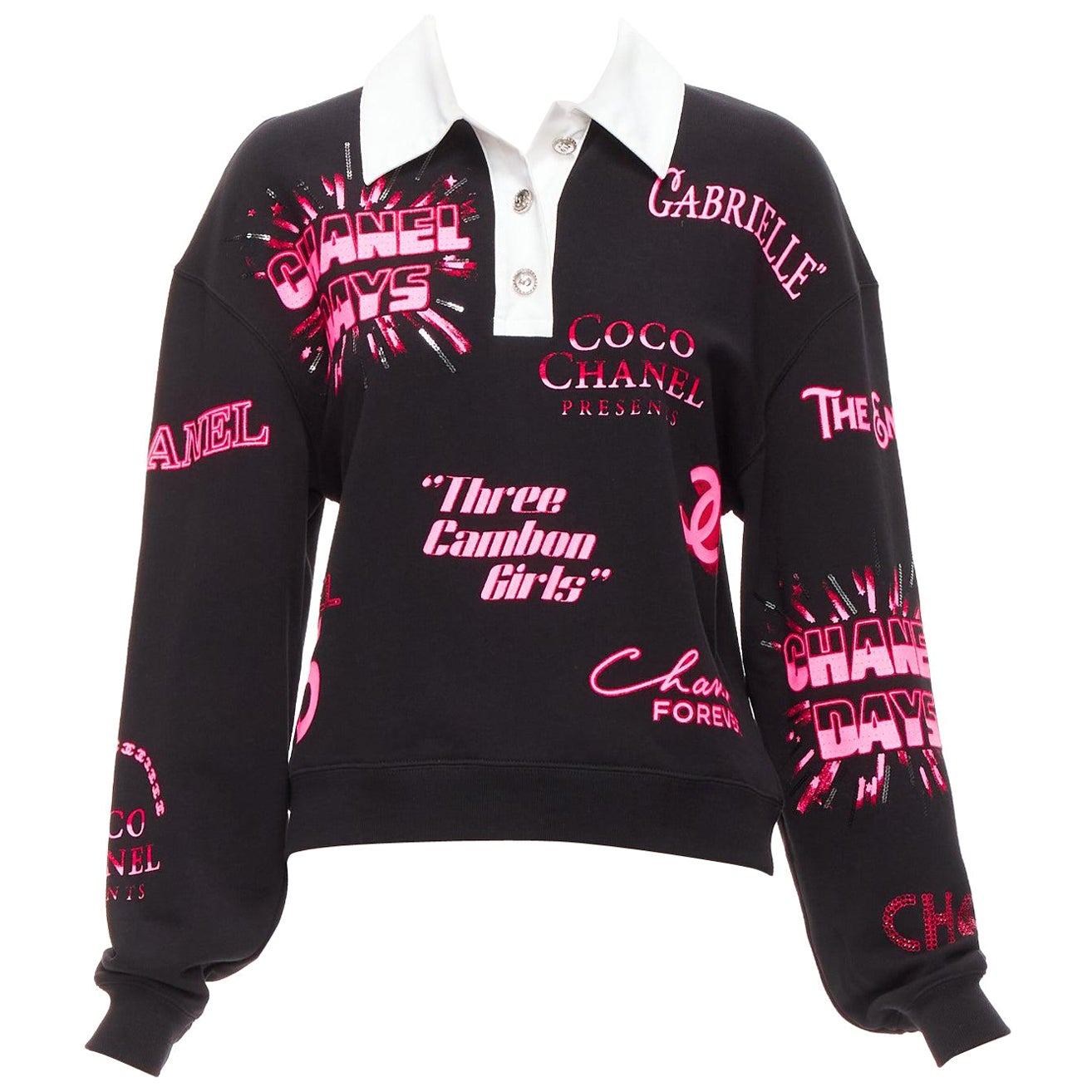 CHANEL neon pink black CC logo graphic cotton 5 silver button polo shirt S For Sale