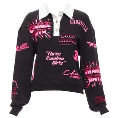 Chanel rosa neon nero logo CC grafico cotone 5 bottoni argento polo S