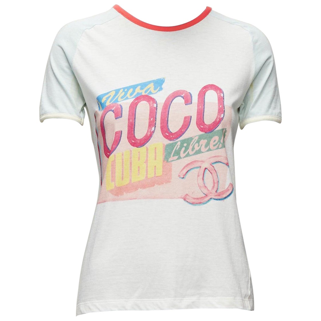 CHANEL 2017 Viva Coco Cuba logo print cotton ringer tshirt XS For Sale