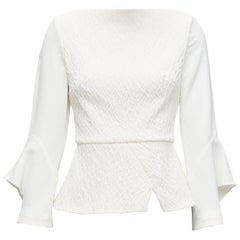 ROLAND MOURET 2018 Richardson Cremefarbenes strukturiertes Crêpe-Manschettenpullover mit Rüschen und Peplum-Top UK6 XS