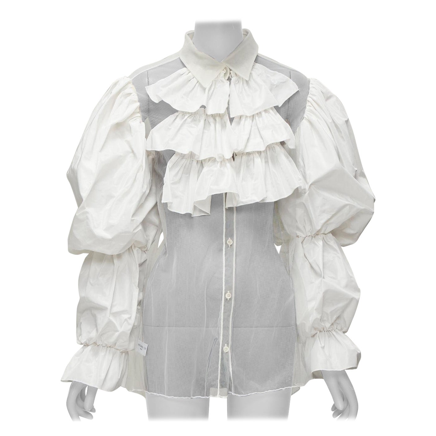 rare VIKTOR & ROLF TULLE cream ruffle front Victorian puff sleeves sheer shirt S For Sale
