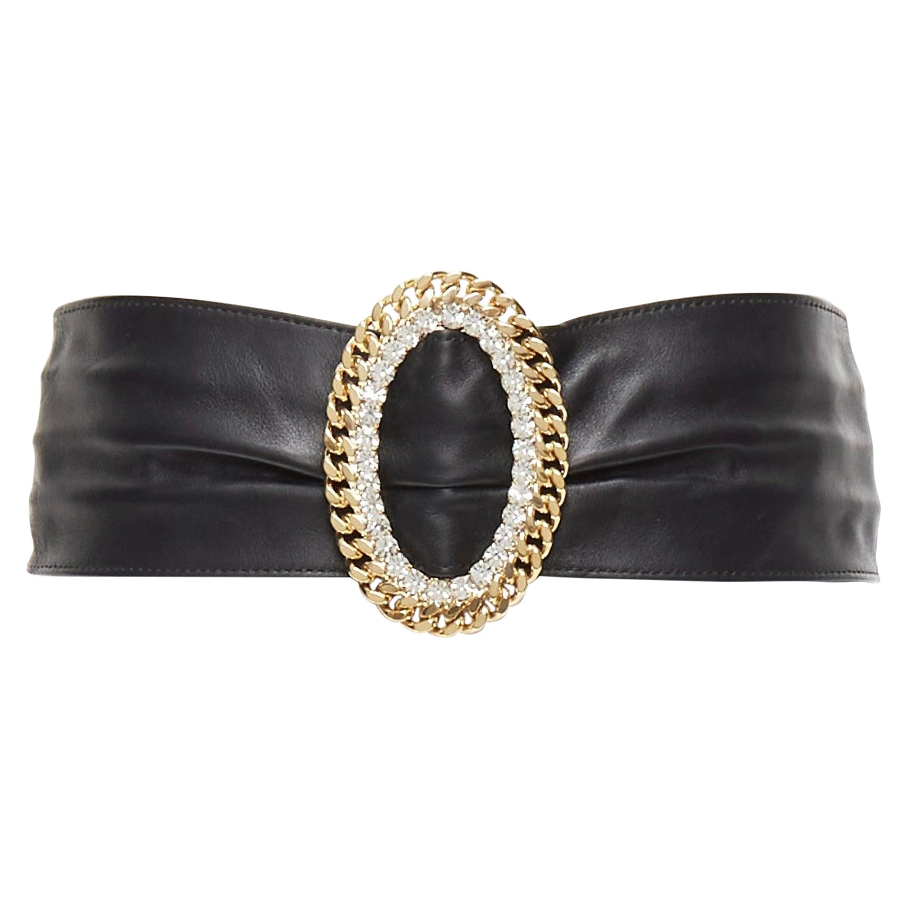 ALESSANDRA RICH ceinture en cuir noir avec boucle ovale et chaîne en cristal doré S en vente