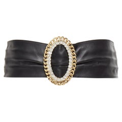 ALESSANDRA RICH rhinestone crystal gold chain oval buckle black leather belt S