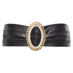 ALESSANDRA RICH ceinture en cuir noir avec boucle ovale et chaîne en cristal doré S