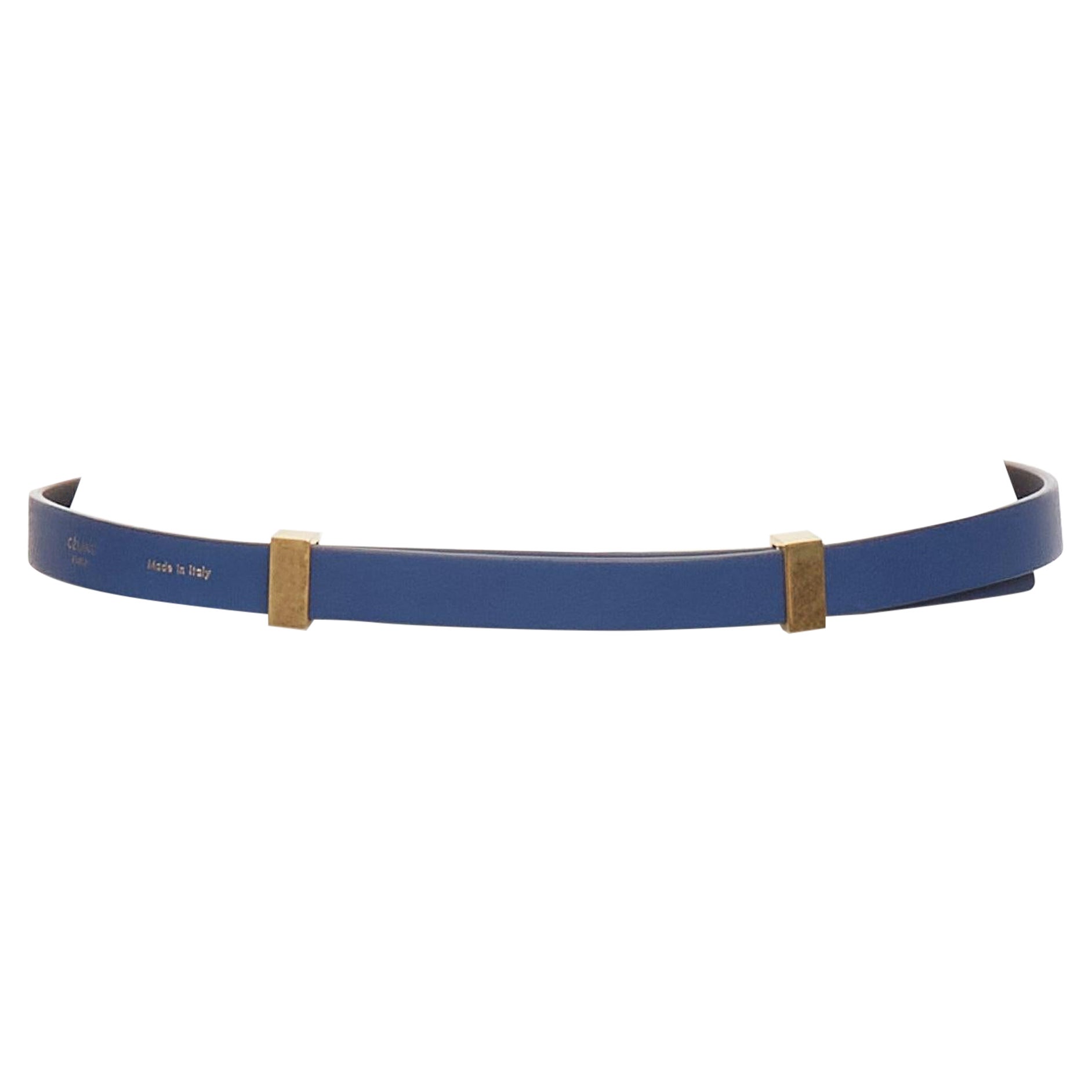 CELINE Phoebe Philo blue smooth leather gold metal bar skinny belt XS For Sale