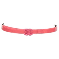 CHANEL B15P hot pink patent leather CC logo buckle skinny belt 70cm