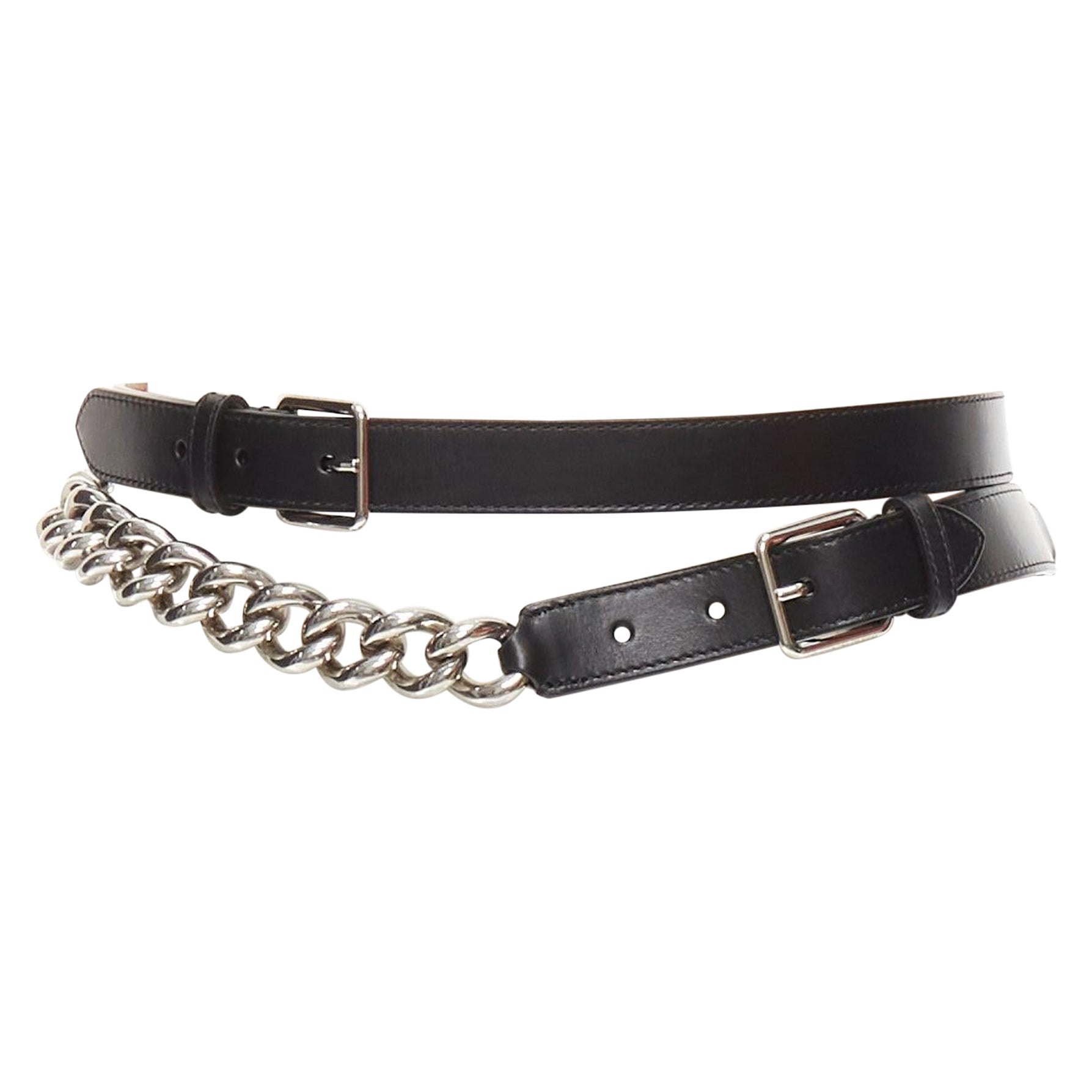 ALEXANDER MCQUEEN black leather silver chunky metal chain wrap belt 70cm For Sale
