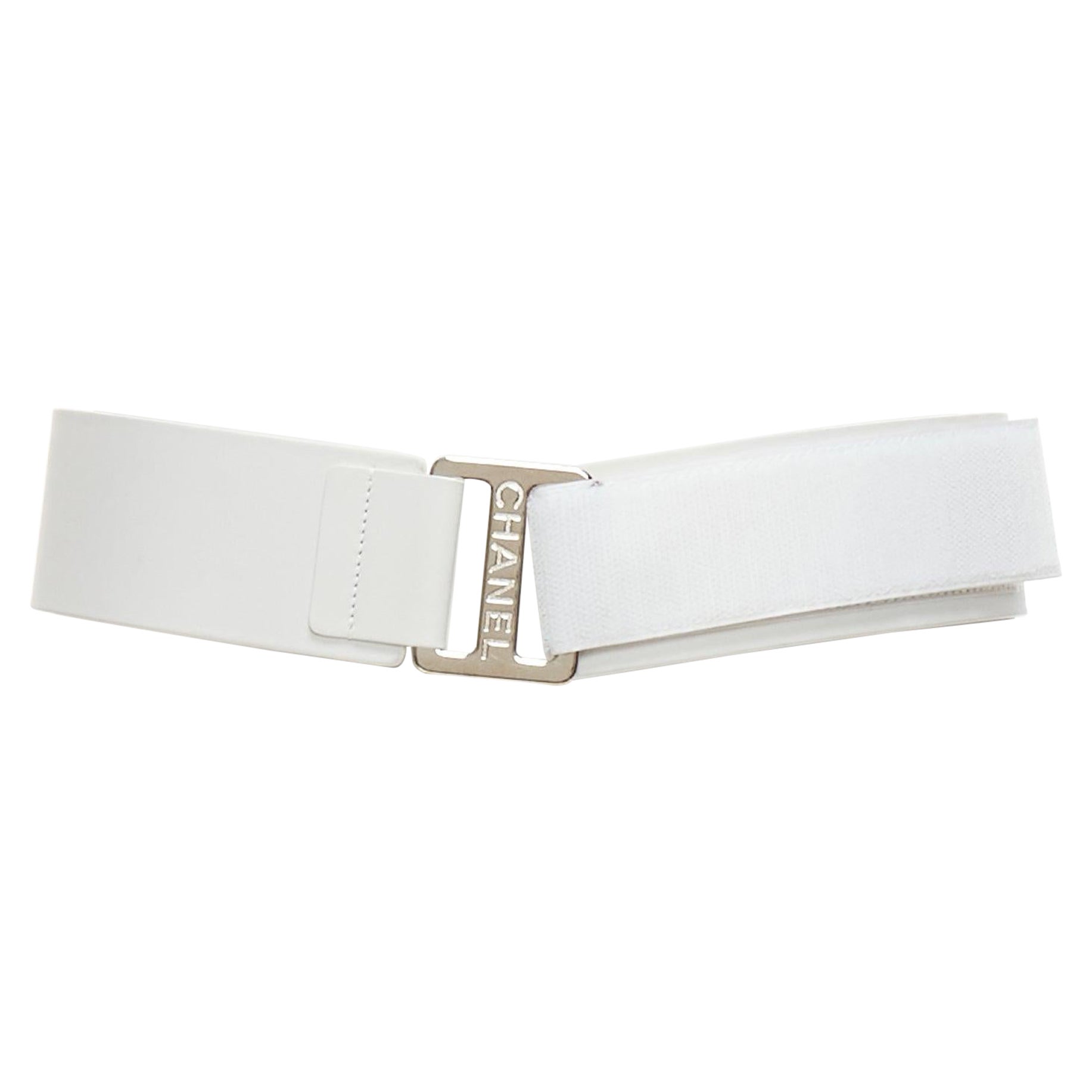 CHANEL B17S white smooth leather silver logo magic tape wide belt 70cm For Sale