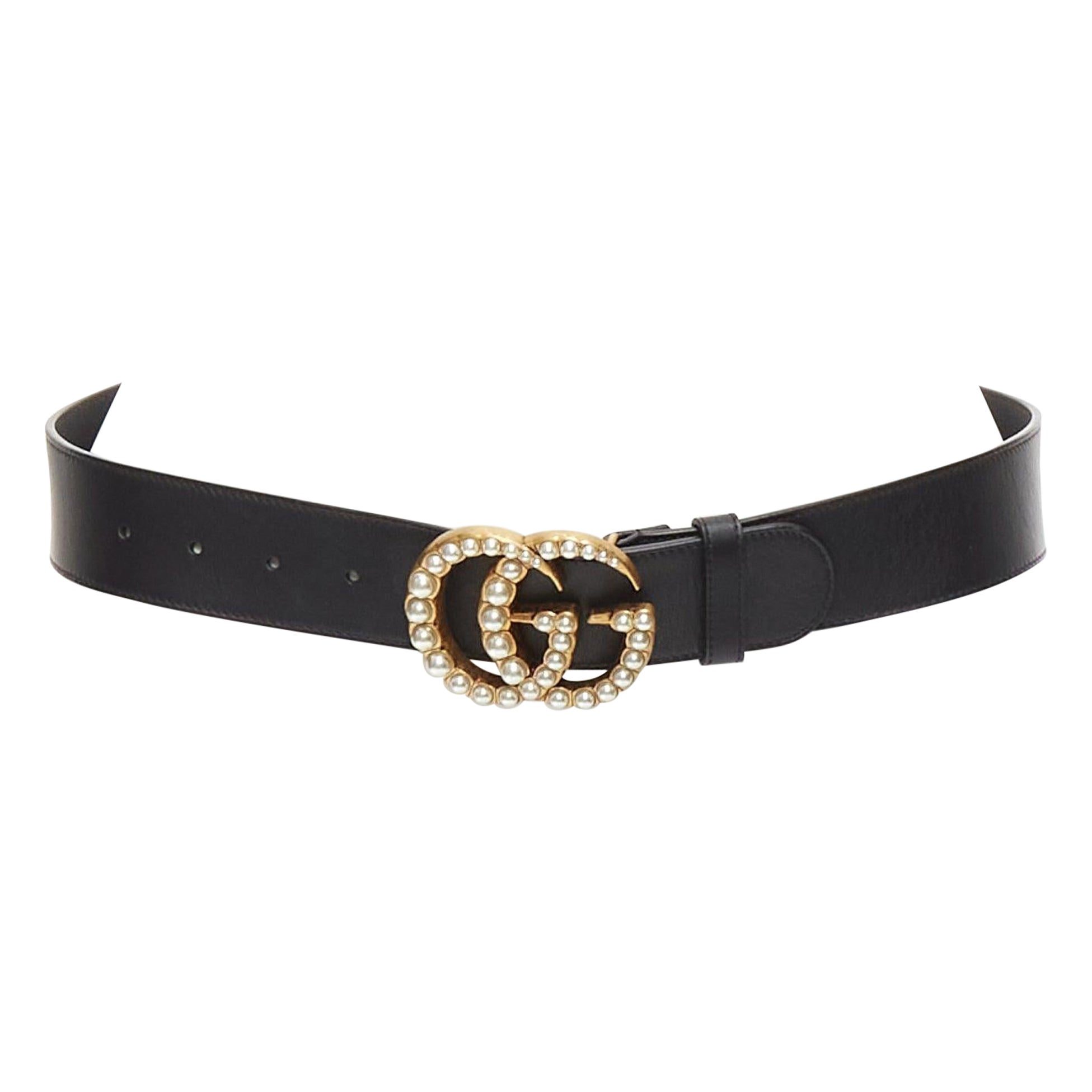 GUCCI Alessandro Michelel Double G gold pearl black leather belt 75cm For Sale