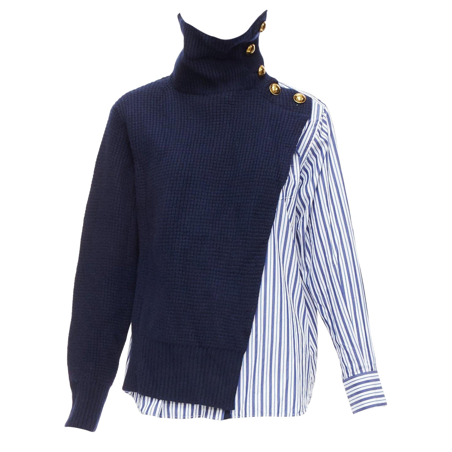 SACAI 2018 navy blue white wool cotton deconstructed hybrid sweater shirt JP1 S For Sale