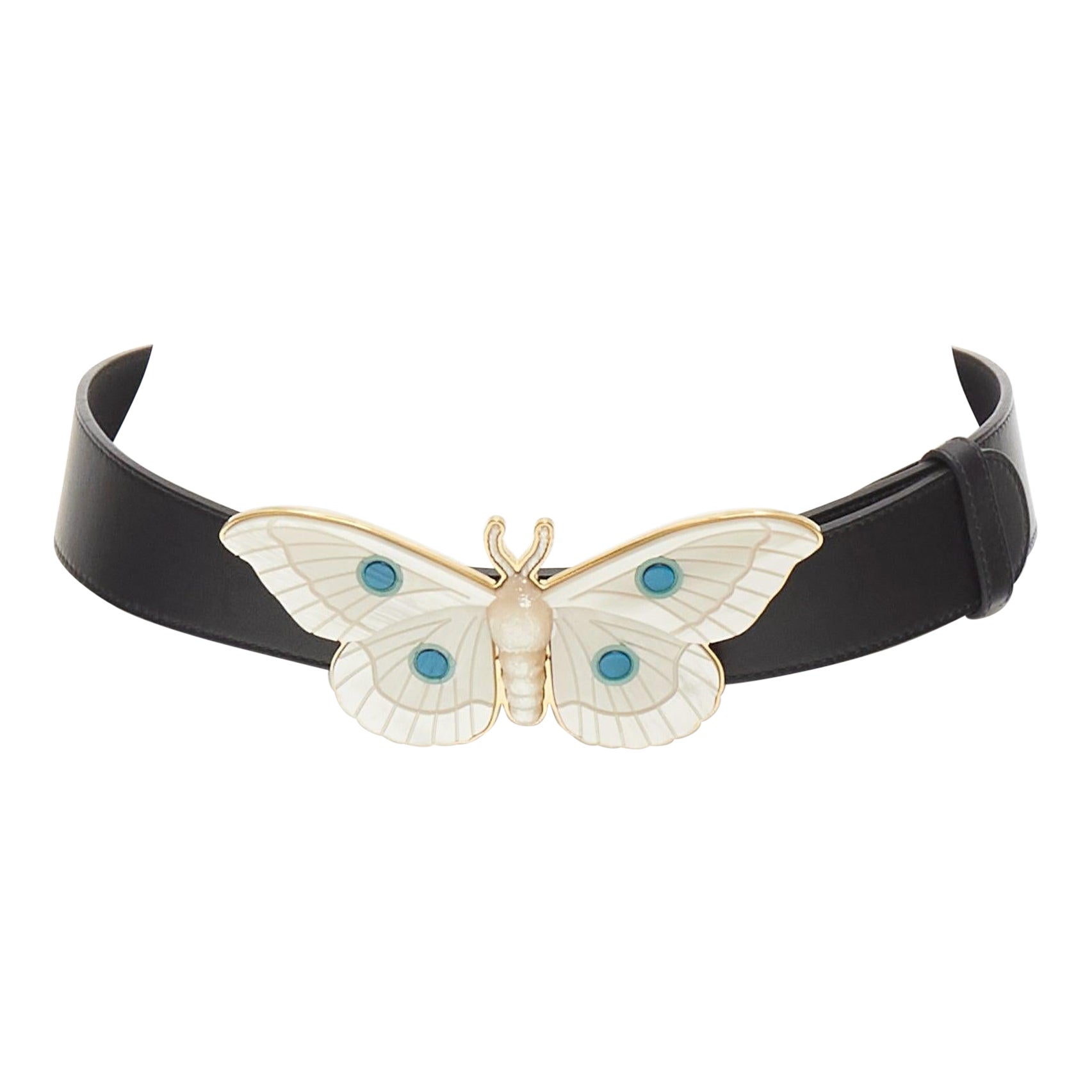 GUCCI Alessandro Michele cream mother of pearl butterfly black leather belt 75cm For Sale