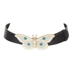 GUCCI Alessandro Michele ceinture en cuir noir papillon nacre crème 75cm