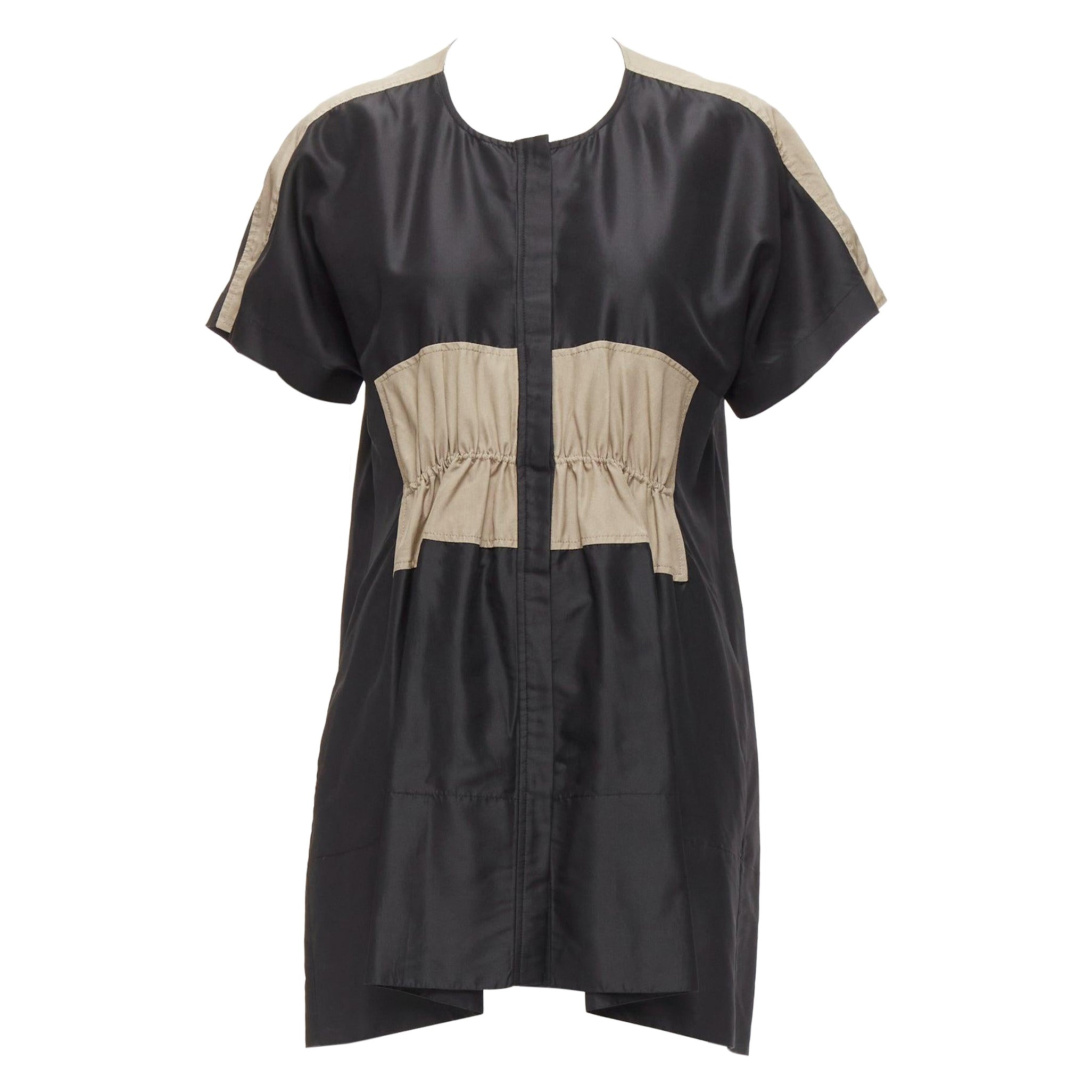 BALENCIAGA 2011 black khaki silk blend colorblock ruched shirt dress FR36 S For Sale