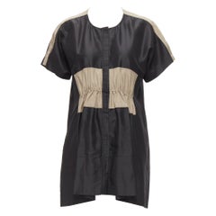 BALENCIAGA 2011 black khaki silk blend colorblock ruched shirt dress FR36 S