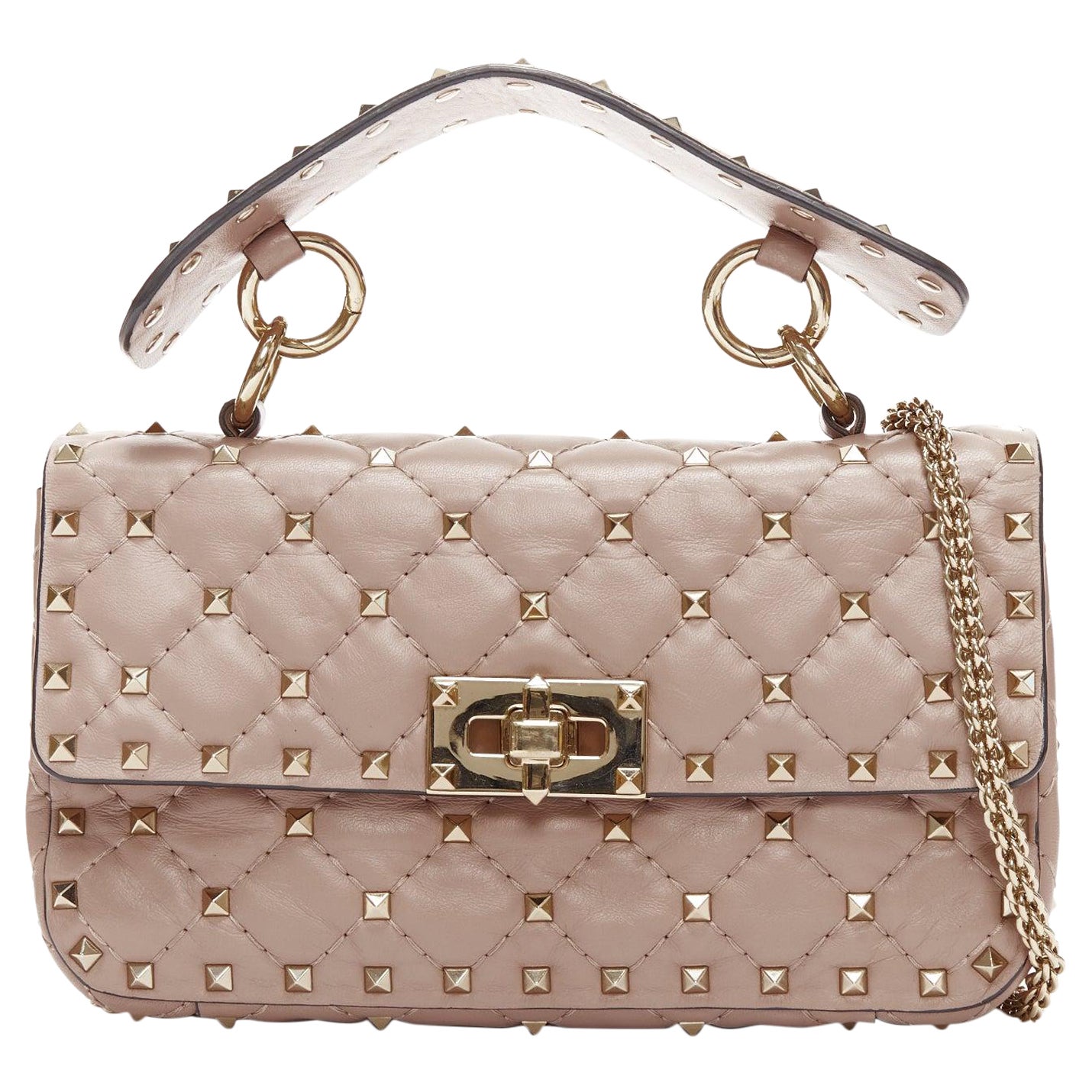 VALENTINO Rockstud blush pink leather gold studded turnlock crossbody chain bag For Sale