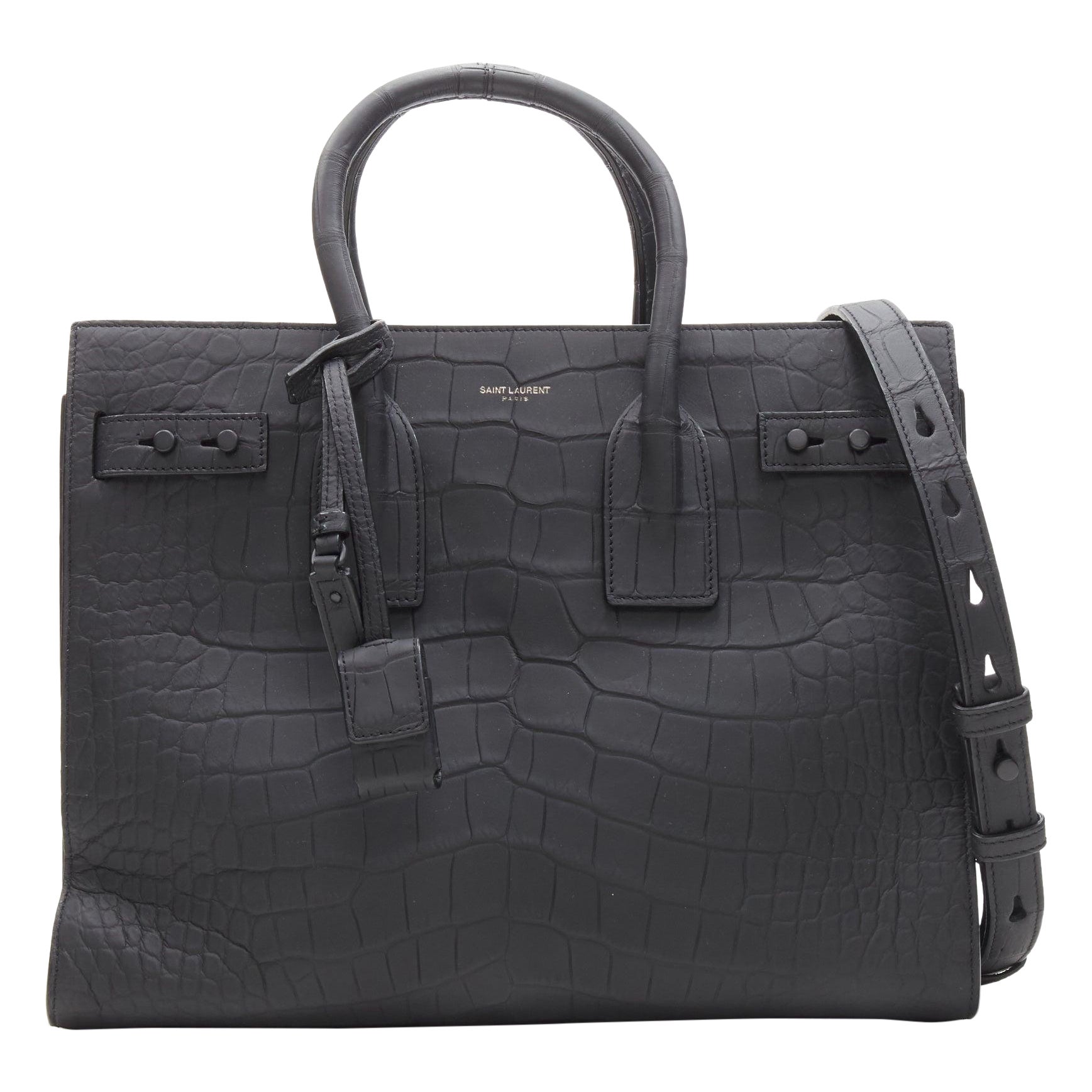 SAINT LAURENT Small Sac De Jour matte black stamped croc tote bag For Sale